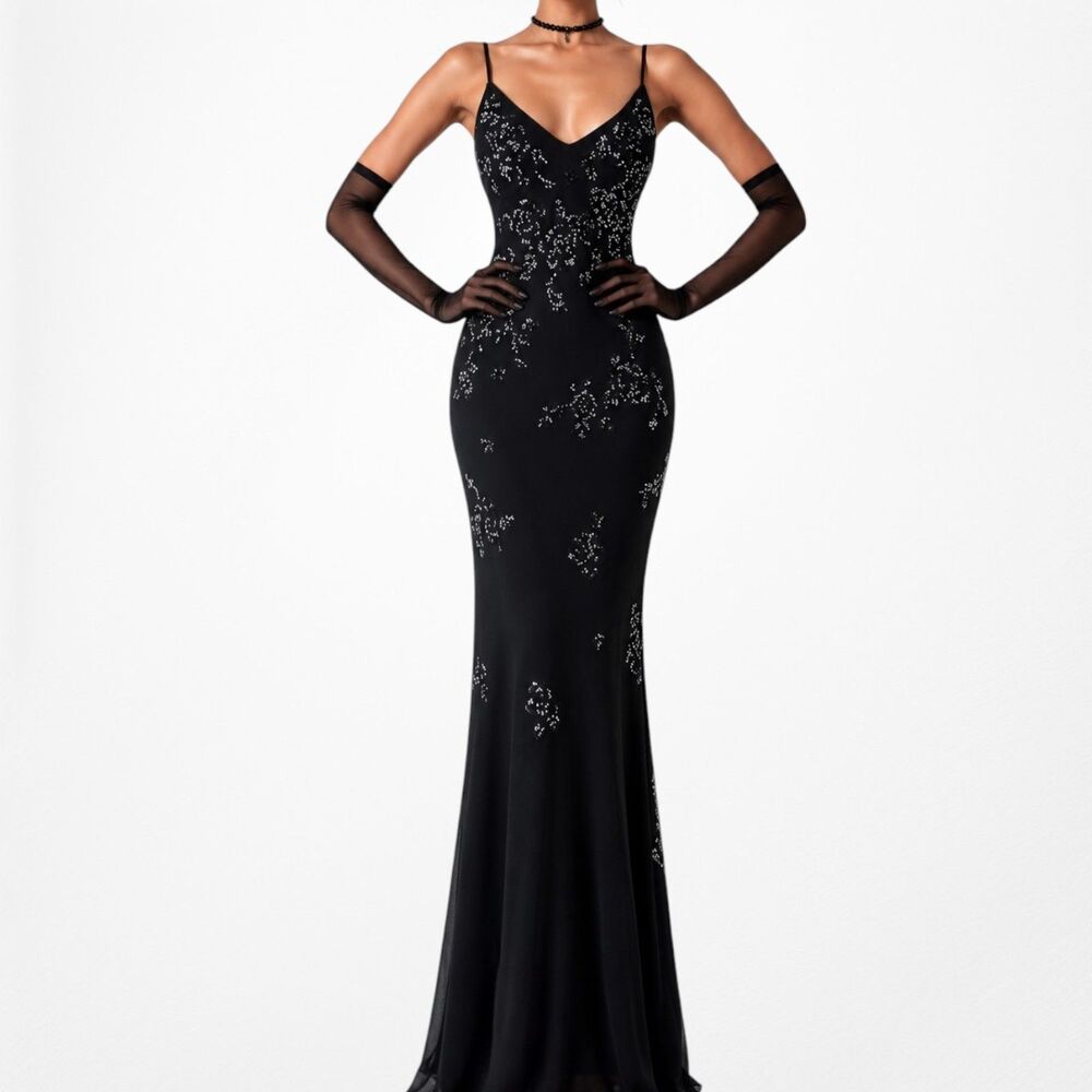 Vintage Y2K 90s Black Floral Beaded Maxi Bodycon Formal Prom Dress Size XS/S